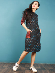 Black Turquoise Maroon White Ikat Handwoven Tunic Dress With Side Pockets And Back Slit - D66F739