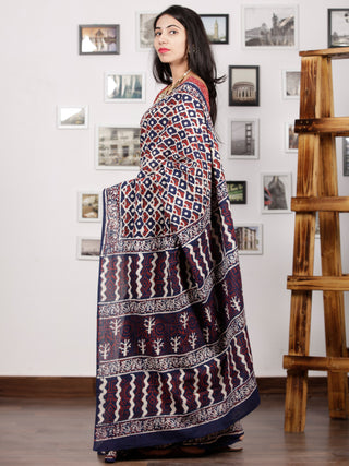 Indigo Red White Hand Block Printed Cotton Mul Saree - S031703002