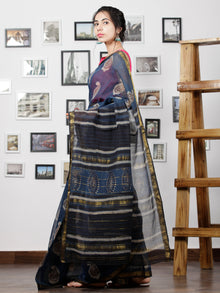 Indigo Maroon Beige Hand Block Printed Maheswari Silk Saree With Zari Border - S031702998