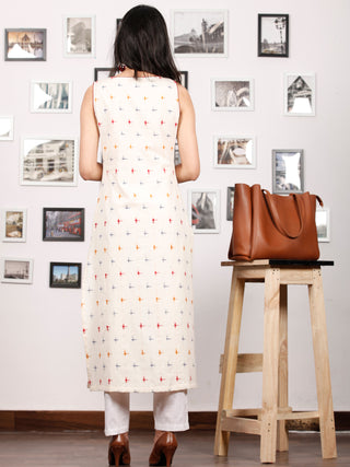 Ivory Blue Maroon Kalamkari Printed & Ikat Sleeveless Cotton Kurta With Tassels - K75F1489