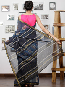 Indigo Maroon Beige Hand Block Printed Maheswari Silk Saree With Zari Border - S031702998