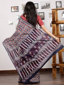 Indigo Red White Hand Block Printed Cotton Mul Saree - S031703002