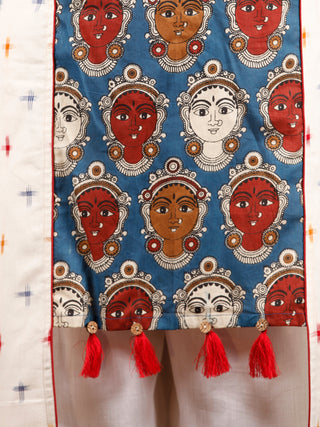 Ivory Blue Maroon Kalamkari Printed & Ikat Sleeveless Cotton Kurta With Tassels - K75F1489