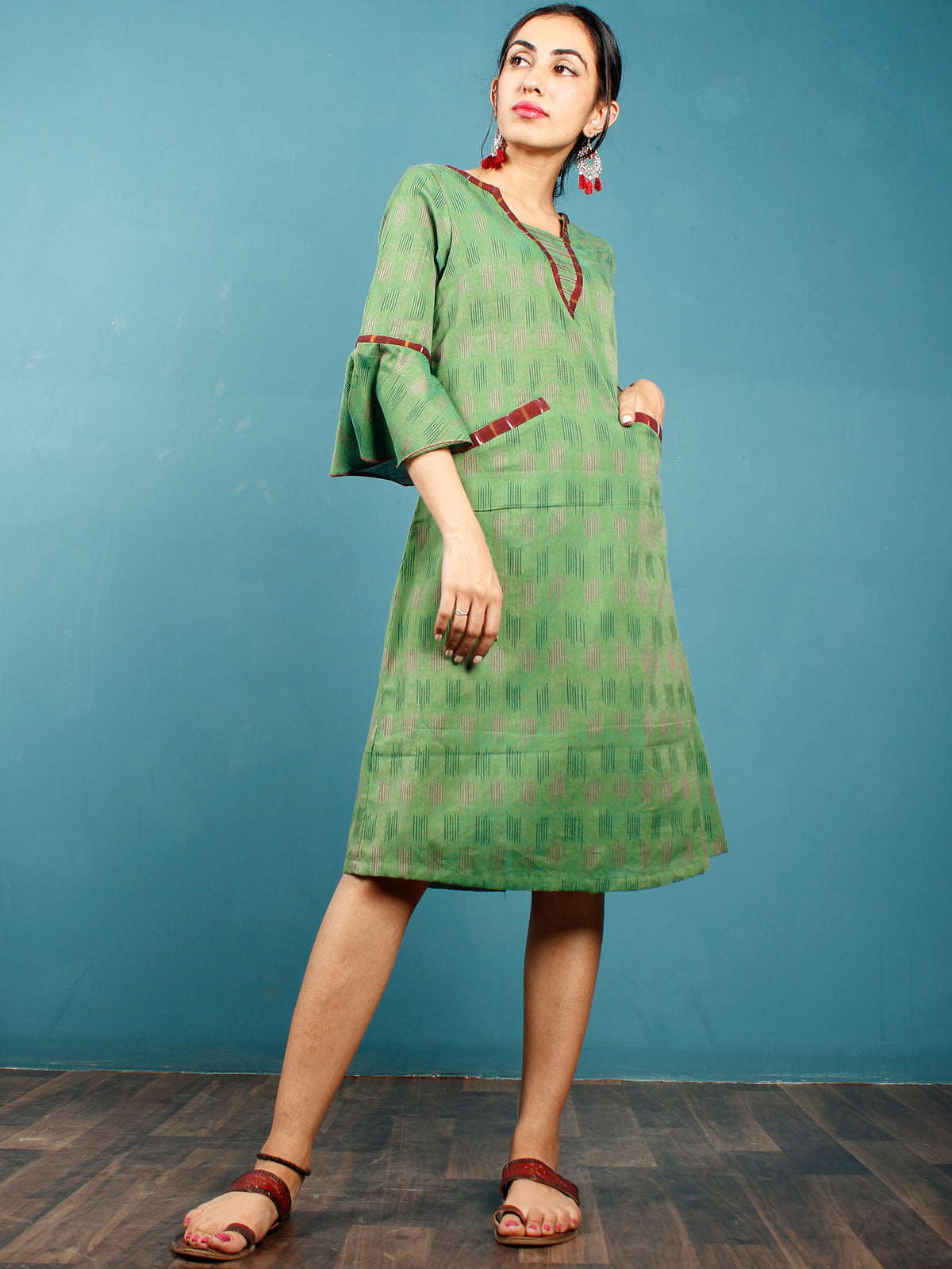 Green Maroon Ikat Handwoven Cotton Tunic Dress With Pockets And Bell Sleeves - D261F1232
