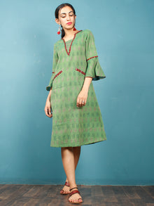Green Maroon Ikat Handwoven Cotton Tunic Dress With Pockets And Bell Sleeves - D261F1232