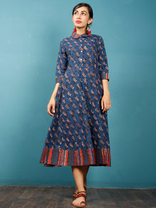 Indigo Rust Beige Ivory Hand Block Printed Cotton Midi Dress With Shirt Collar - D262F1388