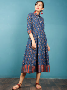 Indigo Rust Beige Ivory Hand Block Printed Cotton Midi Dress With Shirt Collar - D262F1388