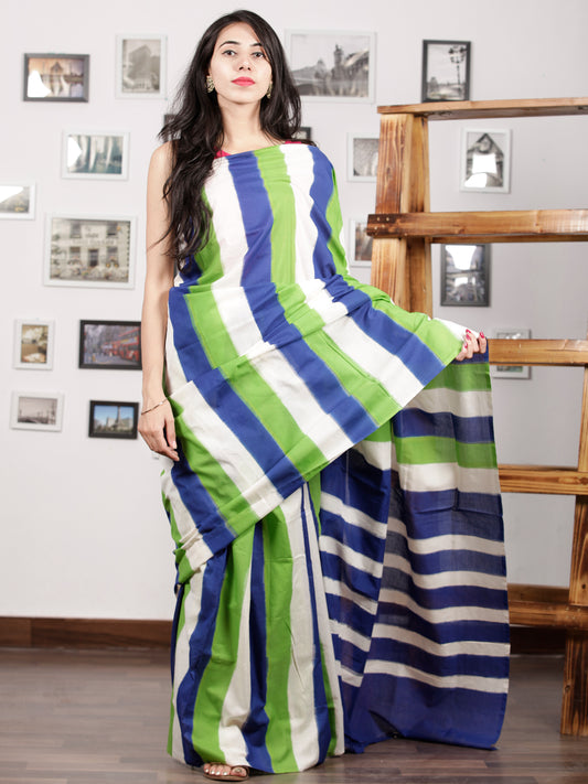 Indigo Green Ivory Ikat Handwoven Pochampally Mercerized Cotton Saree - S031701423