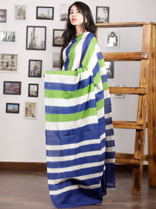 Indigo Green Ivory Ikat Handwoven Pochampally Mercerized Cotton Saree - S031701423