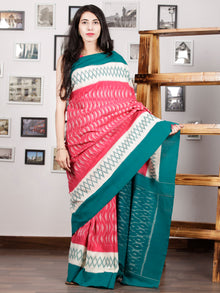 Pink Ivory Teal Green Grey Ikat Handwoven Pochampally Mercerized Cotton Saree - S031701577