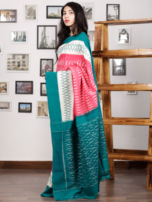 Pink Ivory Teal Green Grey Ikat Handwoven Pochampally Mercerized Cotton Saree - S031701577