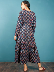 Black Rust Indigo Beige Hand Block Printed Cotton Dress With Front Open - D265F1222