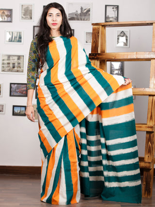 Green Orange White Ikat Handwoven Pochampally Mercerized Cotton Saree - S031701586