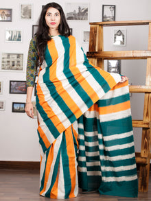 Green Orange White Ikat Handwoven Pochampally Mercerized Cotton Saree - S031701586