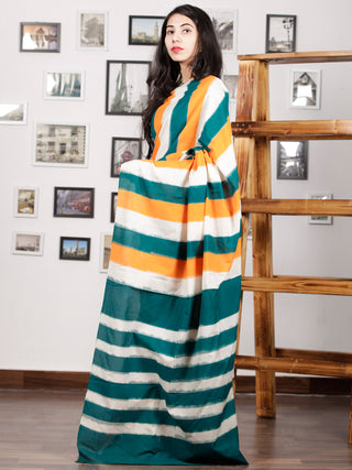 Green Orange White Ikat Handwoven Pochampally Mercerized Cotton Saree - S031701586