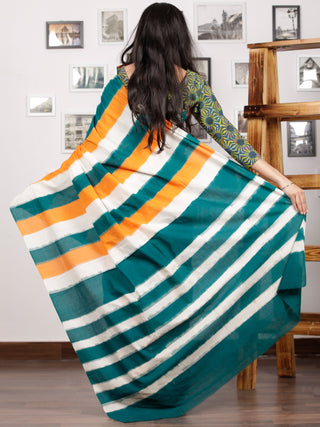Green Orange White Ikat Handwoven Pochampally Mercerized Cotton Saree - S031701586
