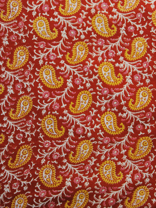 Red Yellow White Hand Block Printed Cotton Fabric Per Meter - F001F995