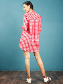 Red White Black  Hand Woven Ikat Cotton Check Tunic Cum Dress  - Tun05F1264