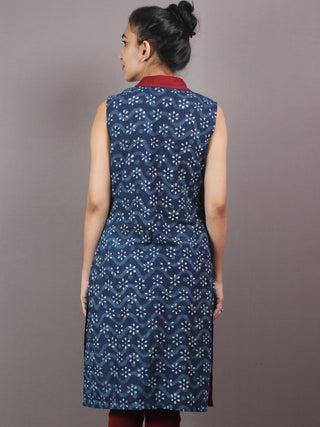 Indigo Ivory Maroon Hand Block Printed Kurti With Open Front With Buttons - K02A17001