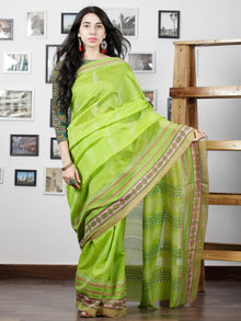 Green Pink White Hand Block Printed Maheswari Silk Saree With Zari Border - S031702999