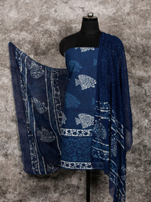 Indigo White Hand Block Printed Cotton Suit-Salwar Fabric With Chiffon Dupatta (Set of 3) - SU01HB377