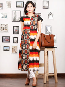 Black Orange Ivory Red Hand Block Printed & Ikat Kurta With Natural Colors - K76F1491