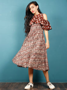 Brown Rust Beige Hand Block Printed Cotton Cape Dress With Cold Shoulders - D238F1370