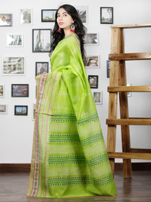 Green Pink White Hand Block Printed Maheswari Silk Saree With Zari Border - S031702999