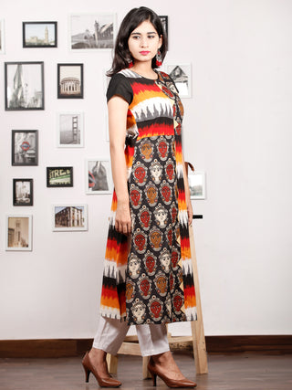 Black Orange Ivory Red Hand Block Printed & Ikat Kurta With Natural Colors - K76F1491