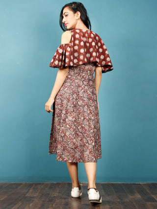 Brown Rust Beige Hand Block Printed Cotton Cape Dress With Cold Shoulders - D238F1370