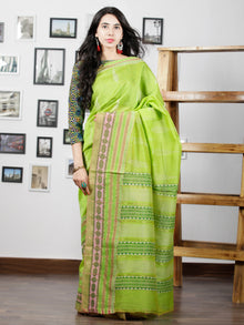 Green Pink White Hand Block Printed Maheswari Silk Saree With Zari Border - S031702999