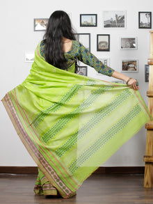 Green Pink White Hand Block Printed Maheswari Silk Saree With Zari Border - S031702999