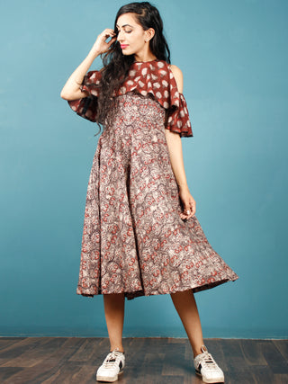 Brown Rust Beige Hand Block Printed Cotton Cape Dress With Cold Shoulders - D238F1370
