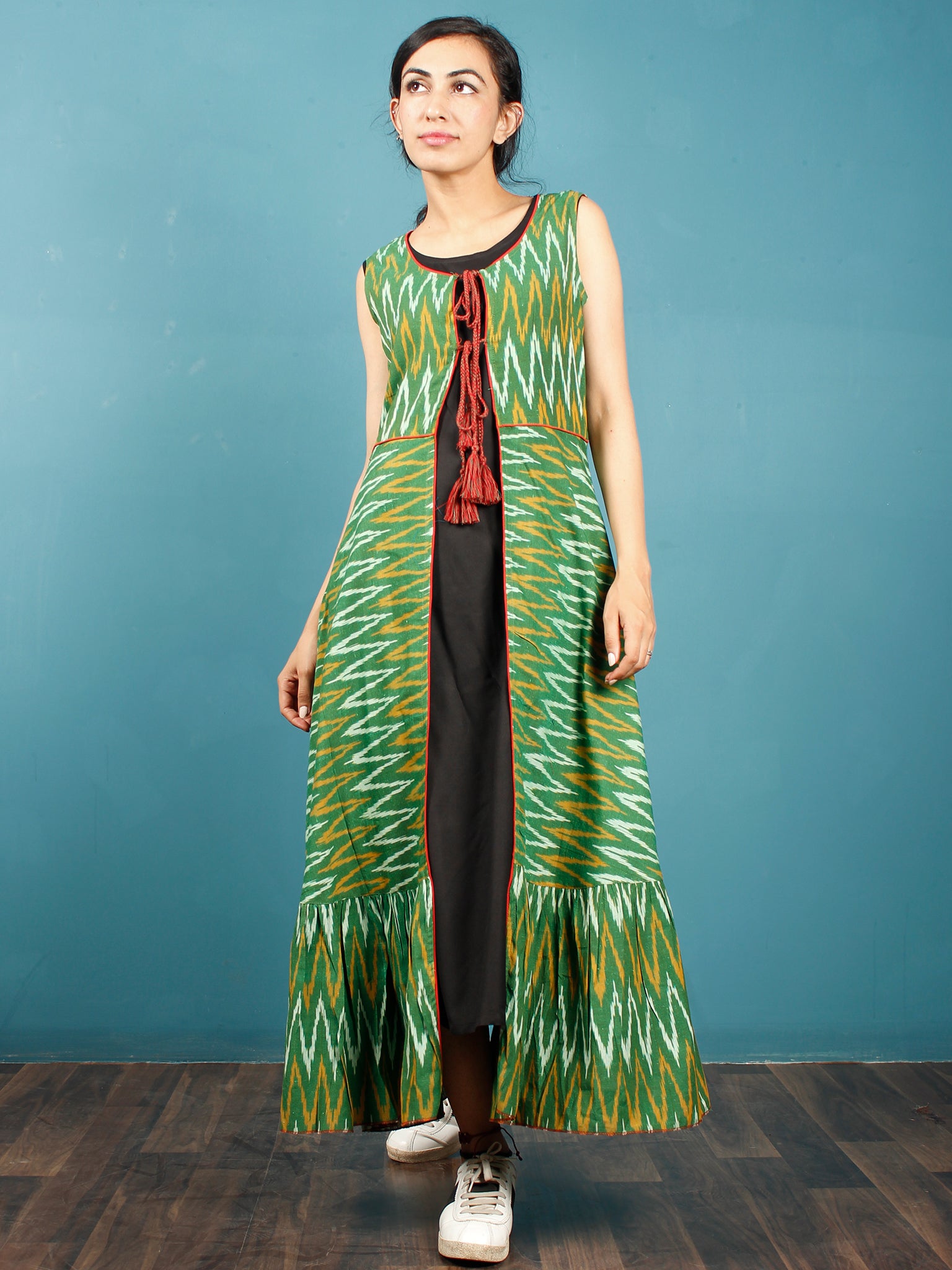 Green Mustard Black Hand Woven Ikat Cotton Cape Dress With Tassels