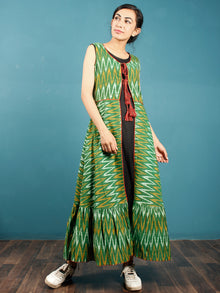 Green Mustard Black Hand Woven Ikat Cotton Cape Dress With Tassels  - D268F952