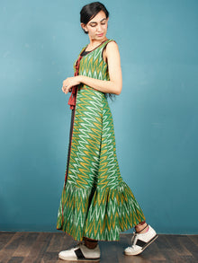 Green Mustard Black Hand Woven Ikat Cotton Cape Dress With Tassels  - D268F952