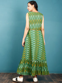Green Mustard Black Hand Woven Ikat Cotton Cape Dress With Tassels  - D268F952