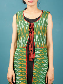 Green Mustard Black Hand Woven Ikat Cotton Cape Dress With Tassels  - D268F952