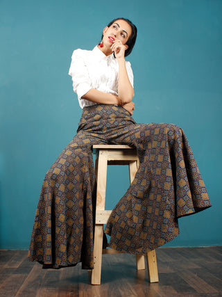 Indigo Mustard Blue Ajrakh Block Printed Semi Elasticated Waist  Cotton Sharara - Sh02F711