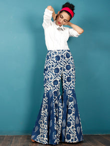 Indigo White Hand Block Printed Semi Elasticated Waist Cotton Sharara  - Sh03F1106