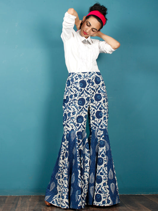 Indigo White Hand Block Printed Semi Elasticated Waist Cotton Sharara  - Sh03F1106