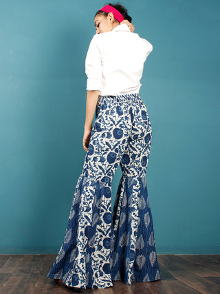 Indigo White Hand Block Printed Semi Elasticated Waist Cotton Sharara  - Sh03F1106