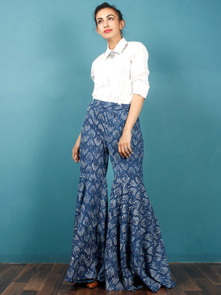 Indigo White Hand Block Printed Semi Elasticated Waist Cotton Sharara  - Sh09F358