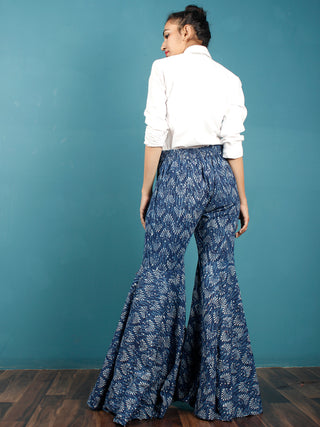 Indigo White Hand Block Printed Semi Elasticated Waist Cotton Sharara  - Sh09F358