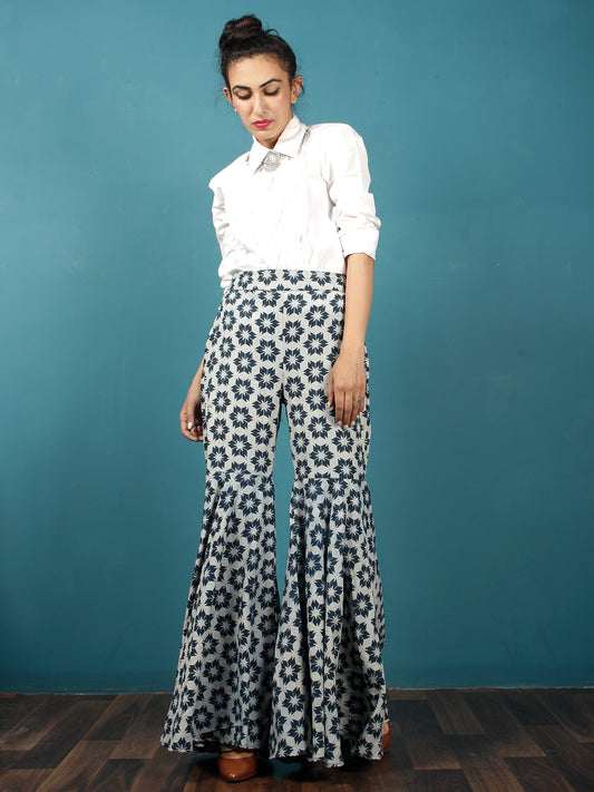 Indigo White Hand Block Printed Semi Elasticated Waist Cotton Sharara - Sh04F771