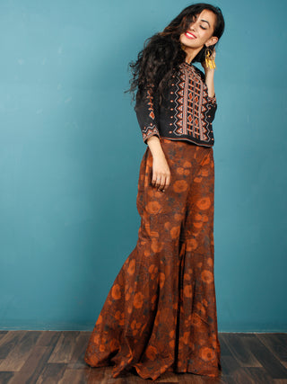 Brown Rust Indigo Hand Block Printed Semi Elasticated Waist Cotton Sharara  - Sh06F603