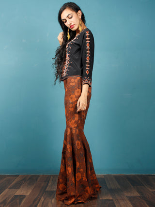 Brown Rust Indigo Hand Block Printed Semi Elasticated Waist Cotton Sharara  - Sh06F603