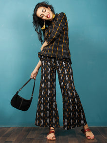 Black Mustard  White Hand Woven Ikat Top With Round Collar  - T37F723