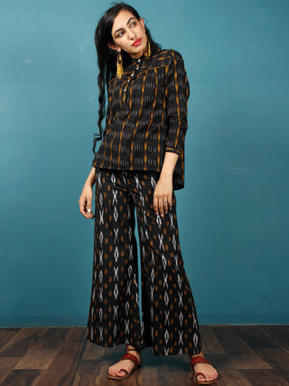 Black Mustard  White Hand Woven Ikat Top With Round Collar  - T37F723