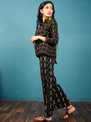 Black Mustard  White Hand Woven Ikat Top With Round Collar  - T37F723